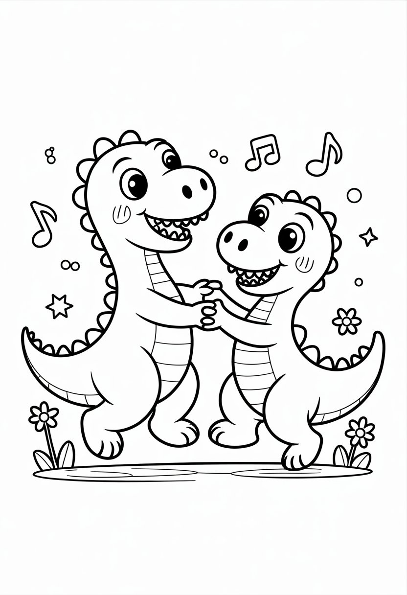 Cute Dinosaur Coloring Pages for Kids: 20 Fun and Easy Designs 31 Two cute dinosaurs dancing together, holding hands, surrounded by musical notes and small flowers.